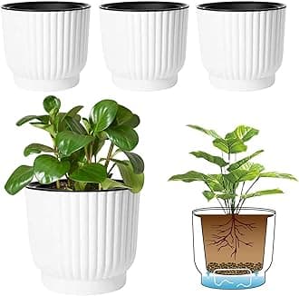 T4U 7 Inch Self Watering Pots for Indoor Plants, 4 Pack Plant Pots, Self Watering Planter for Indoor Plants, Durable Plastic Pots (4 Pack, 7", White)