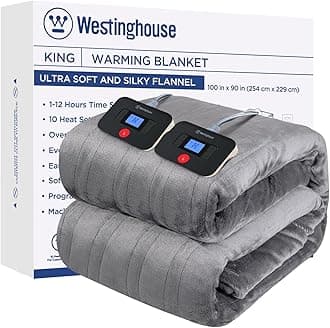 Westinghouse Electric Blanket King Size, Super Cozy Soft Flannel 100"" x 90"" Heated Blanket with 10 Fast Heating Levels & 1-12 Auto-Off, Machine Washable, ETL&FCC Certification, Light Grey