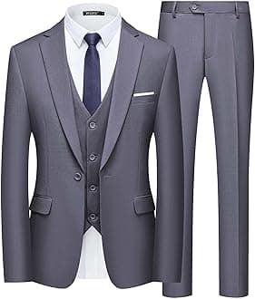 WULFUL Men's Slim Fit Suit 3 Piece One Button Business Suit Wedding Party Jacket Vest Pants