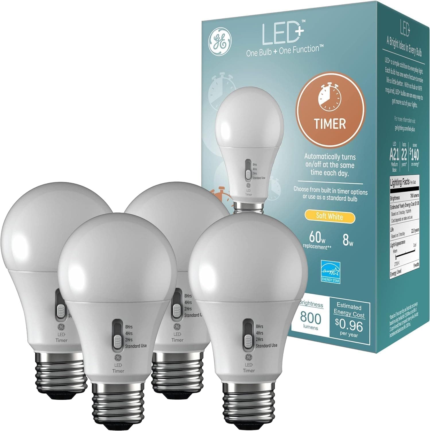 LED+ Timer A19 LED Light Bulbs, Built-in Automatic Indoor Timer Light, 8W, Soft White (4 Pack)