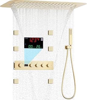AYIVG 16 * 24 Inch Multi Shower Head Thermostatic Shower System with Body Spray Brushed Gold Waterfall Rainfall Shower System With Digital Display Shower Valve And Hand Shower And Body Nozzle
