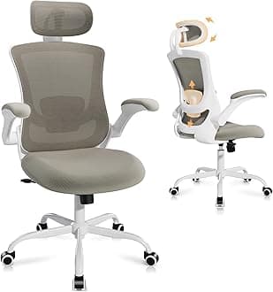 MALOL Ergonomic Mesh Office Chair, High Back Executive Desk Chair with Adjustable Headrest and Lumbar Support, Flip-Up Arms, Rocking, Swivel Rolling Computer Mesh Chair for Home Office-Khaki
