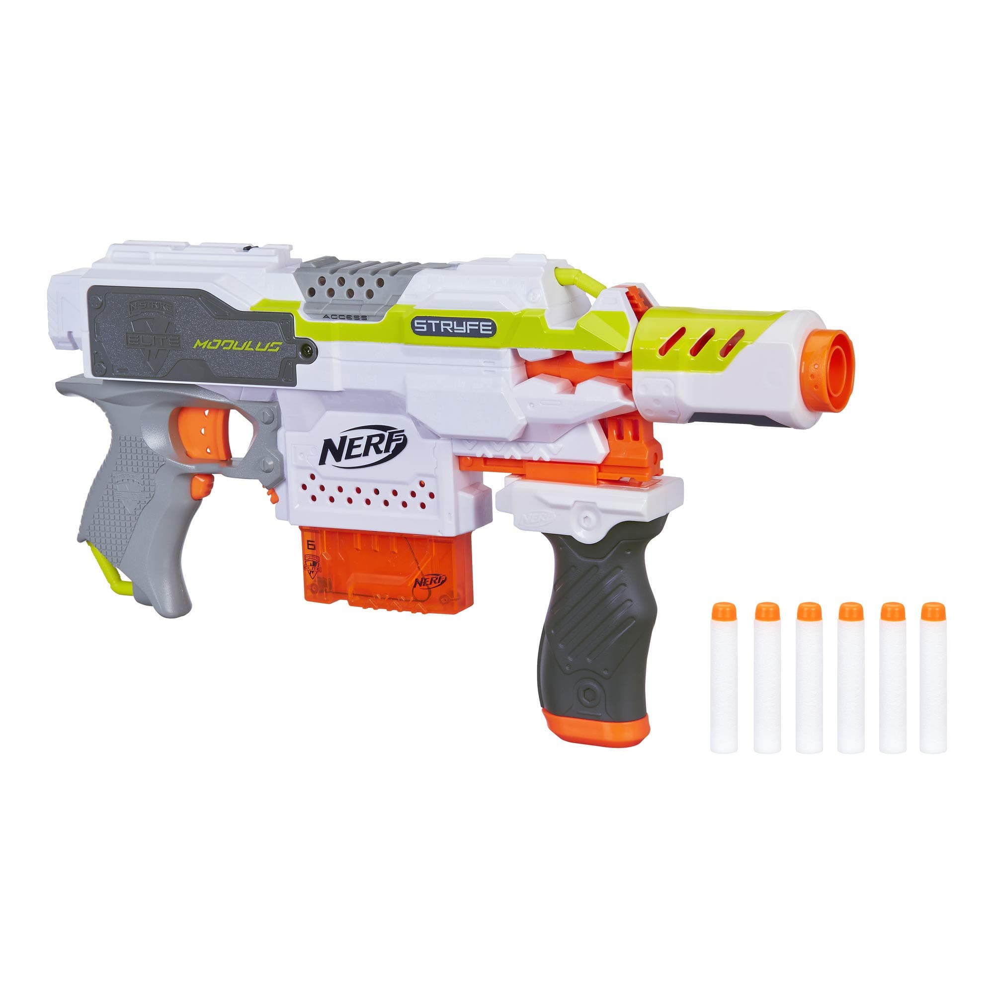 Nerf Modulus Stryfe Blaster, White, Motorized 6-Dart Blasting, Customizable with Drop Grip and Dual-Rail Barrel, Ages 8+