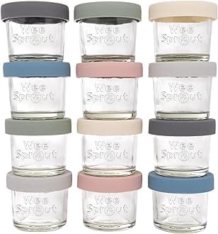 Glass Baby Food Storage Jars w/Lids (4 oz, 12 Pack Set) Snack, Puree, Reusable Small Containers, Breast Milk, Fridge or Freezer, Microwave & Dishwasher Safe, Essential Must Have for Infants