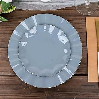 Efavormart 10 Pack | Dusty Blue 6" Round Plastic Dessert Salad Plates, Disposable Appetizer Plates with Gold Wavy Rim for Wedding, Outdoor Receptions, Banquets, Holiday Dining