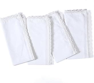 Cloth Dinner Napkins in Cotton Flax Fabric with Lace & Tailored Mitered Corners - 20x20 Inches (Set of 4, White)