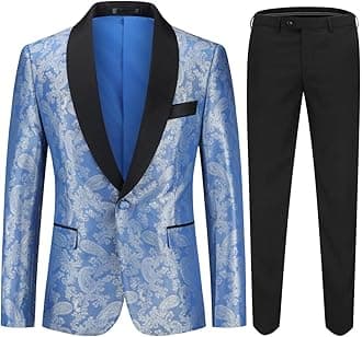 SliktaaMens 2 Pieces Floral Suits Slim Fit Formal Suit One Button Notched Lapel Tuxedo Blazer & Trousers Wedding Dinner Jacket, Blue, L