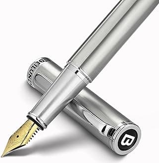 Luxury Fountain Pen Set, Solid 24K Gilded Fine Nib, Silver Stainless Steel Body- Includes 6 Ink Cartridges & Ink Refill Converter with Gift Case - Perfect for Men and Women