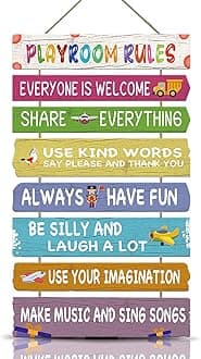 – KAIRNE Playroom Rules Wood Sign Hanging Wall Art,Everyone is Welcome Inspirational Quotes Wall Decor for Kids Room,Colorful Rainbow Color Wooden Plaque for Childrens Bedroom Decoration