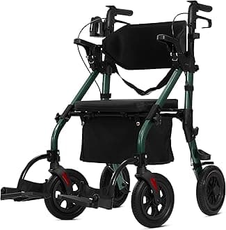 ELENKER All Terrain Rollator Walker Transport Wheelchair Combo, 2 in 1 Rolling Walker with Padded Seat and Wide Backrest, Green