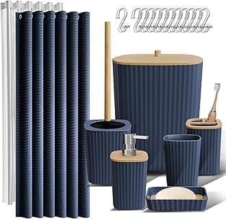 Clara Clark Bathroom Accessories Set - Bathroom Set, Bathroom Accessory Set, Shower Curtain Set, Toilet Brush, Trash Can & Soap Dispenser - Navy - 20PC
