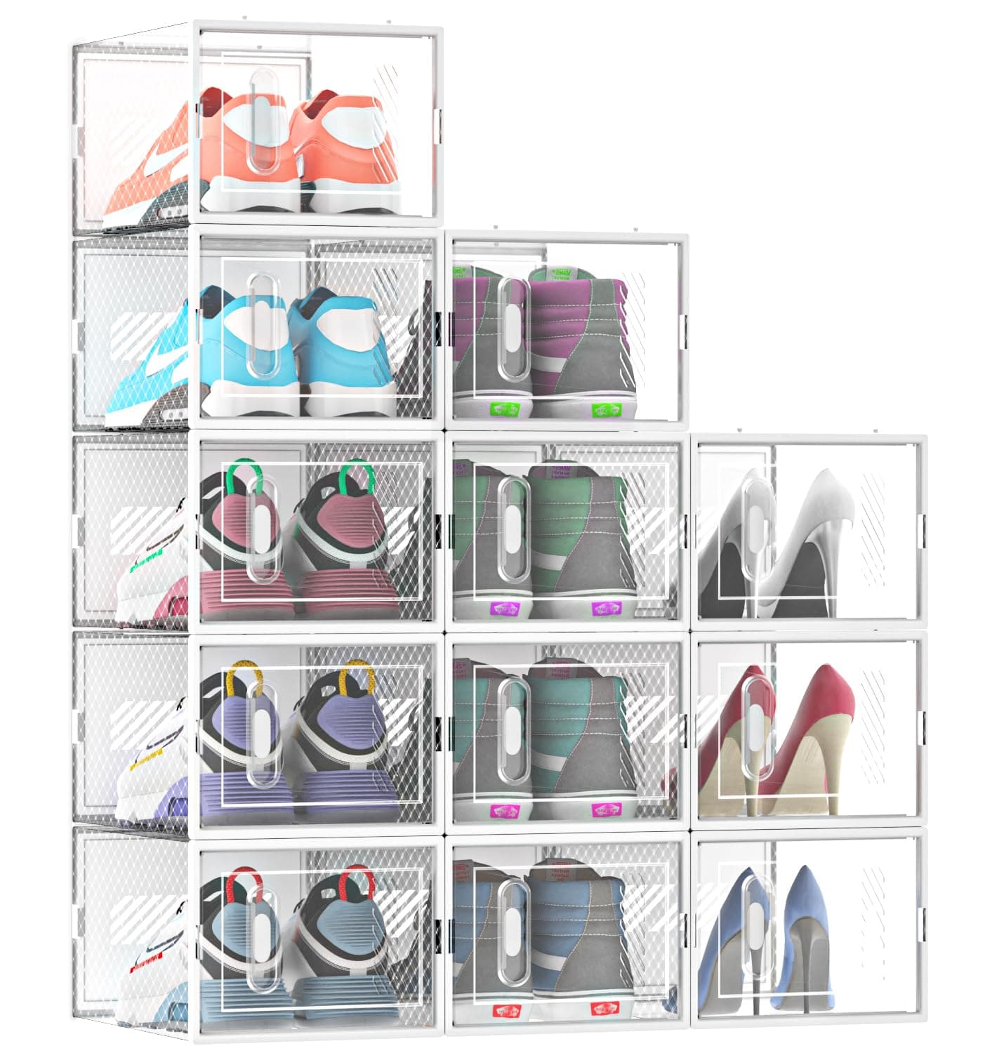 MYHMCT Shoe Storage Box, 12 pcs Shoe Boxes Clear Stackable with Magnetic Door, Foldable Plastic Shoe Organizer Containers with Lids for Women/Men Fit up to UK 9.5,Transparent White