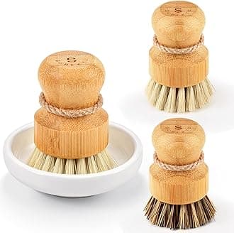 SUBEKYU Bamboo Dish Scrub Brushes, Kitchen Wooden Cleaning Scrubbers Set for Washing Cast Iron Pans/Pots, Set of 3