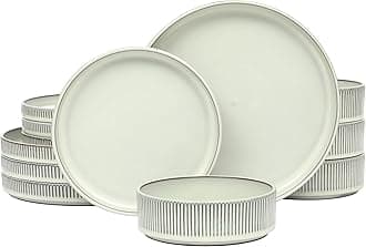 12 Piece (Service for 4) Townscape Plates and Bowls Reactive Glaze Embossed Round Dishes Terracotta Ceramic Dinnerware Set - Cream White