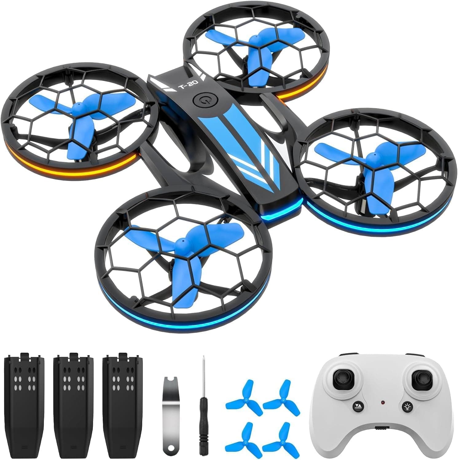 Drones - RC Drone with Auto Hovering and Headless Mode, Quadcopter with LED Light, Propeller Full Protect, 3D Flips, 3 Batteries, Remote Control, Best Gifts