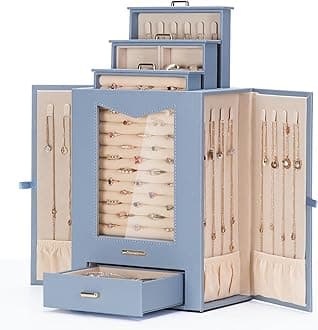 Homde Jewelry Organizer with Transparent Window Necklace Hooks Gift for Women Jewelry Box Display Case for Necklaces Rings Earrings Bracelets and Other Jewelry Accessories (Grey Blue)