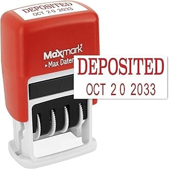 MaxMark Self-Inking Rubber Date Office Stamp with DEPOSITED Phrase & Date - RED Ink (Max Dater II), 12-Year Band