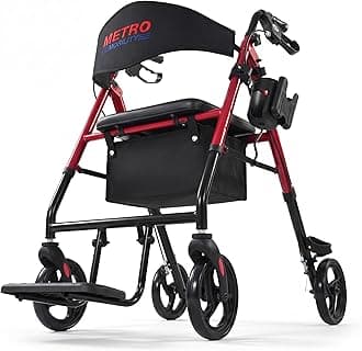 Metro Mobility 2 in 1 Rollator Walker & Transport Wheelchair, Foldable Lightweight Rollator Walker with Seat for Seniors, 8" Big Wheels for All Terrain, 300 lb. Weight Capacity, Red