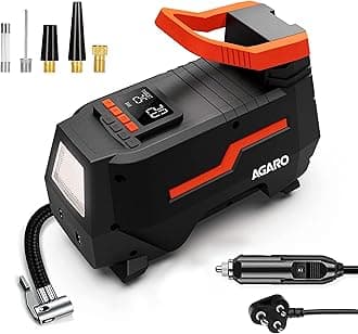 - AGARO TI2157 Digital Portable Tyre Inflator/Pressure Gauge, 12V DC/230V AC for Home and Car, up to 150 PSI, LED Light, Digital Display, For Bike, Bicycles and Other Inflatables (Black).