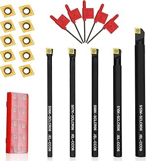 Joogto S06K/S07K/S08K/S10K/S12M-SCLCR06 Indexable Lathe Turning Tool 15Pcs Kit, 5Pcs Metal Lathe Tools Holder Set, with 10Pcs CCM21.51/CCMT060204 Carbide Inserts Turning Inserts Carbide Turning Tool