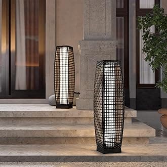 Grand patio 2-Piece Outdoor Floor Lamp Solar Powered Lantern Water-Resistant Wicker Deck Patio Light, Lamp Large-Sized for Garden or Porch-Large Fuji, Silver Gray