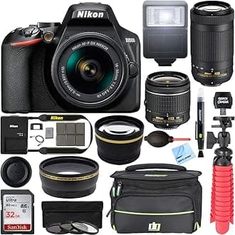 D3500 DSLR Camera w/AF-P DX 18-55mm VR and 70-300mm Double Zoom Lens Bundle with Travel Case, Wide Angle Lens, Telephoto Lens, Filter Sets, 32GB Memory Card and Accessories (11 Items)