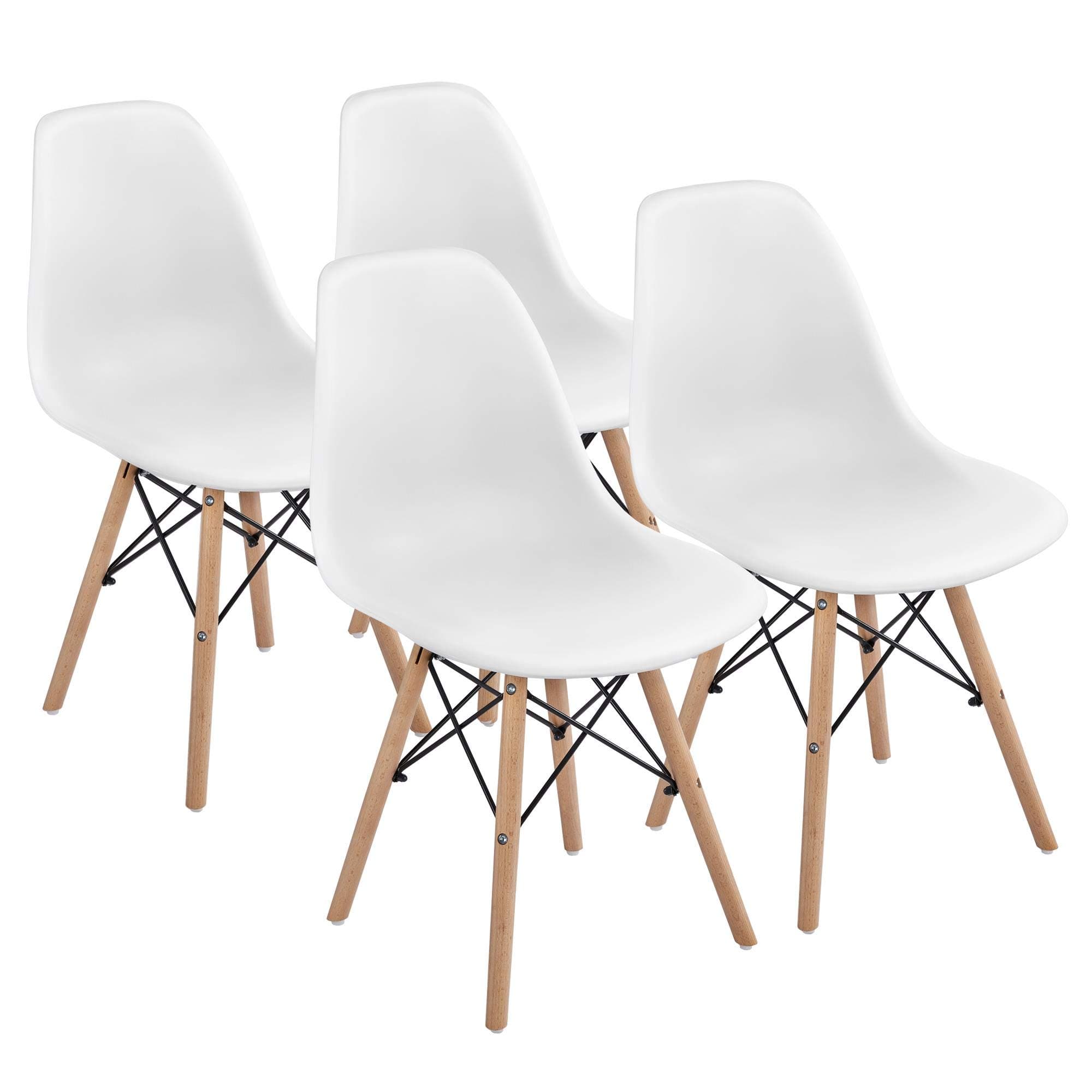 Yaheetech Dining Chairs Modern Side Shell Eiffel DSW Chairs with Beech Wood Legs and Metal Wires for Dining Room Living Room Bedroom Kitchen Lounge Reception, Set of 4, White