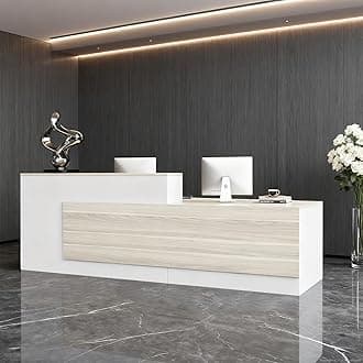 Modern L-Shaped Reception Desk with Hutch, Reception Counter Table, Lockable Drawer Door Cabinet, Office Wooden Computer Front Desk (Tung Color+White-Left Cabinet, 71" L*24" W*41" H)