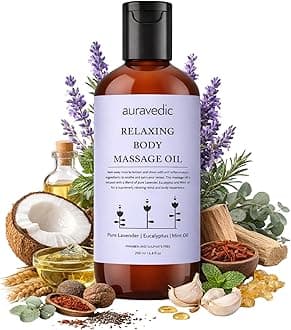 Auravedic Relaxing Body Massage Oil | Infused with Lavender, Eucalyptus & Mint | Non Greasy Body Oil for Massage Therapy, Aromatherapy, Sore Muscles & Date Night | 6.76 Fl Oz (200ml)