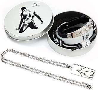 Set of 4 Ronaldo Stuff, Ronaldo Necklace, Signature Black Wristband, Hand Weave Bracelet, White Sports Wristband, C-ristiano Ronaldo Merch, Ronaldo Jersey No. 7 Collection Metal Gift Box