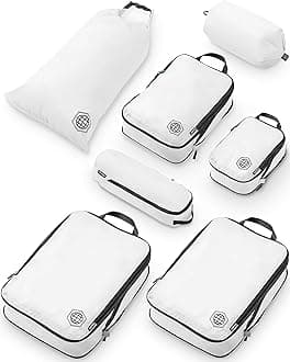 Extra Large Compression Packing Cubes for Travel-Extra Large Packaging Cube Luggage Organizers 7 Piece Set-Ultralight, Expandable/Compression Bags for Clothes (White/Grey)