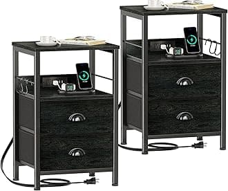 Furologee Nightstand Set of 2, Black Oak, with Charging Station and USB Ports, Side Tables with 2 Fabric Drawers, Bedside Tables with Storage Shelf & Hooks, for Living Room/Bedroom