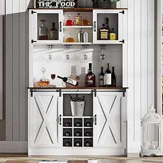 4ever2buy Farmhouse Coffee Bar Cabinet with Sliding Barn Doors, 72'' Hutch Cabinet with Storage, White Bar Cabinet with Glass Doors and Wine Rack, Tall Wine Bar for Living Dining Room