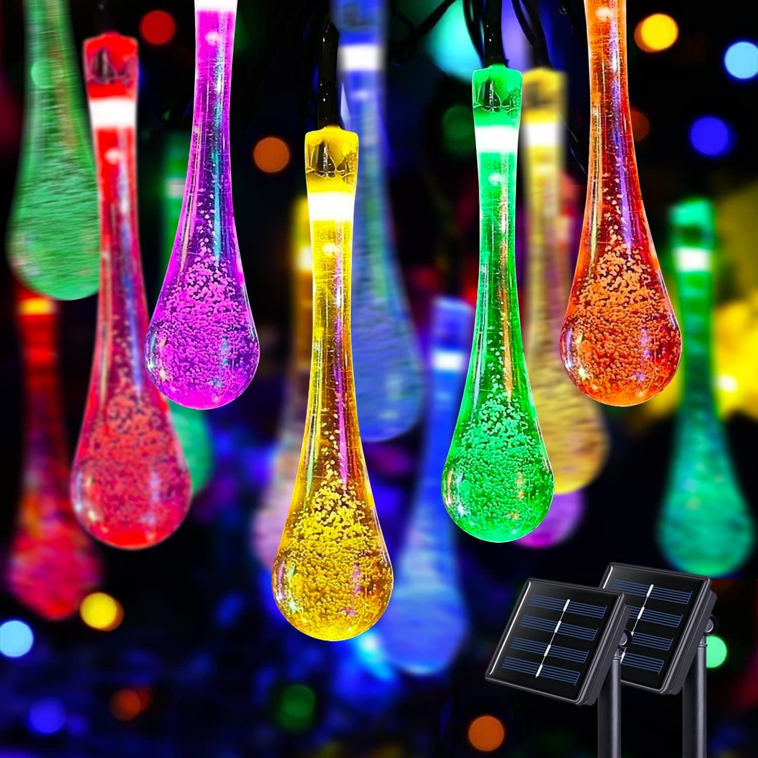 JMEXSUSS 2 Pack Solar String Lights Outdoor Waterproof, Total 41.6FT 60 LED Teardrop Water Drop Solar Lights, Multi Colored Christmas Lights for Outside Garden Patio Yard Tree Christmas Decorations
