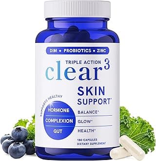 Clear Skin Supplement with Zinc, DIM & Probiotics | 3-in-1 Balance, Glow & Health Skin Support | Triple Action Hyaluronic Acid, Niaciminide & Vitamins for Hormone, Complexion & Gut Support | 180 Ct