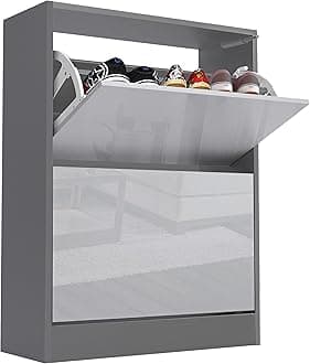 Blisswood High Gloss 2 Drawer Shoe Cabinet Cupboard, Shoe Storage Organiser Freestanding 2 Tier Wooden Shoes Rack Cabinet Modern Footwear Stand For Hallway Furniture (Silver Grey & Dark Grey)