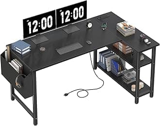 Lufeiya L Shaped Computer Desk with Power Outlet Shelves, 47 Inch Corner Desk for Home Office Bedroom, L-Shaped Study Writing Working PC Desks, Black