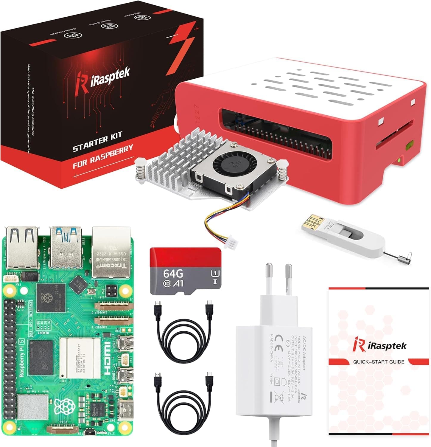 Raspberry Pi 5 8GB Starter Kit - 64GB Pre-Installed Raspberry Pi OS (Red and White Case)