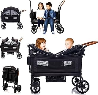 Luxury Wagon Stroller for 2 Kids & Cargo-Lightweight Foldable Travel Push Pull All-Terrain Double Wagon for Newborn&Toddler with 5-Point Harness,Adjustable Handle, Canopy,Tray Table,Cup Holder