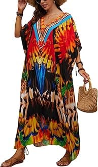 IMAGEKOPEWomen's Plus Size Moroccan Print V-Neck Batwing Kaftan Loose Fit Beach Dress Bathing Suit Cover Up