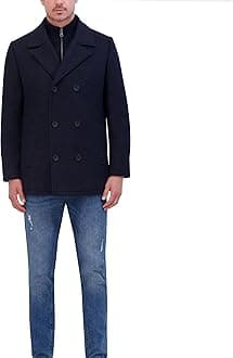 Kenneth Cole Men's Notched Lapel Wool Pea Coat Knit Bib