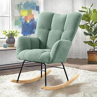 SoarFlash Nursery Rocking Chair Teddy Fabric Glider Chair Upholstered Rocker Accent Armchair with High Backrest and Solid Wood Legs for Nursery Bedroom Living Room Office(Light Green)