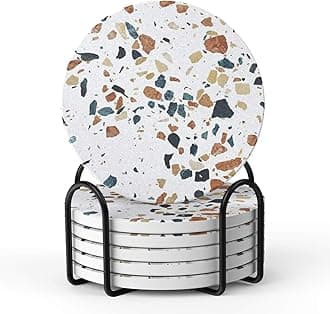 LIFVER Absorbent Drink Coasters with Holder, Set of 6 Ceramic Coasters Set with Cork Base, for Kinds of Drinking Glasses, 4 Inches Stone Coasters for Home Decor, White Elephant Gifts for Adults