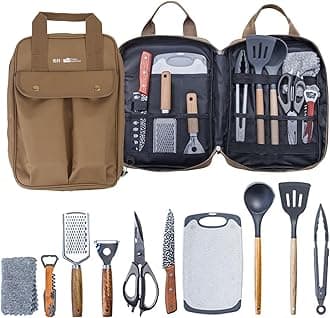 Sadodo Camping Cooking Utensils Accessories Set,11PCS Camping Kitchen Utensils Organizer,Silicone Stainless Steel,Multifunctional Cutlery,Spoon Spatula,With Storage Bag