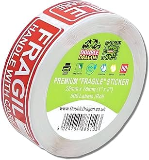 Double Dragon Fragile Stickers, 500 Labels, 1" x 3" (25mm x 76mm), Red Warning Labels for Shipping and Packaging
