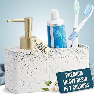 resin Liquid Soap Dispenser for Bathroom Set (Blue Terrazzo) - Dispenser Set for Bathroom Accessory, Soap Dispenser Holder for Bathroom Soap and Brush Holder Bathroom Organiser Set
