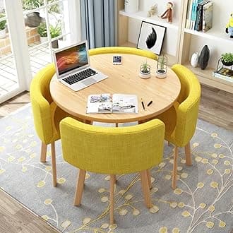 Round Kitchen Dining Table Set for 4, Space Saving Table and Chairs Set with Thick Tabletop 4 Upholstered Chairs, Dinning Room Modern Casual Coffee Table Set(D 31.5inch/80cm, YellowA)