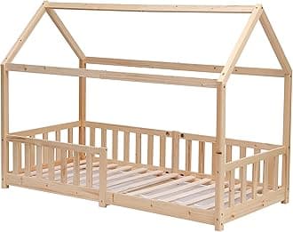 Solid Pine Wood Kids BedFrame Single Bed Frame House Scandinavian Style Natural Bed Frame for Boy and Girl for Bedroom Furniture, Mattress (WITHOUT) 90x190 cm
