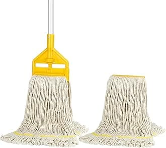 VOUBIEN Commercial Mop Heavy Duty Industrial Cotton Mop with Long Handle,Looped-End String Wet Mops with Extra Replacement Mop Head for Home,Garage,Office, Workshop, Warehouse Floor Cleaning