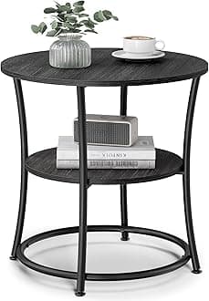 VASAGLE 21.7-Inch Round Side Table, 2-Tier End Table, Nightstand with Steel Frame, Spacious Top, for Small Spaces, Living Room, Bedroom, Charcoal Gray and Ink Black ULET056B22